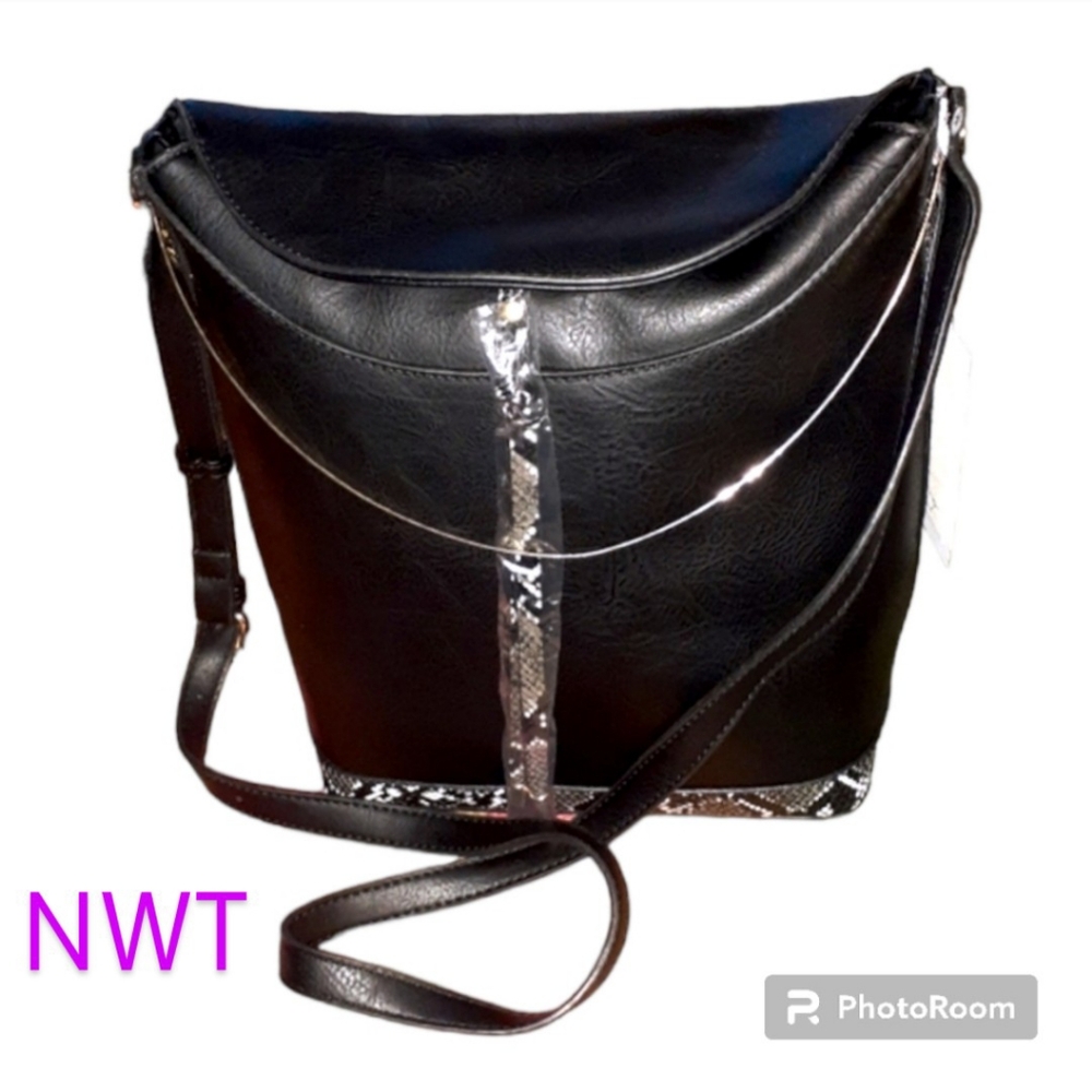 VIRAGO Black & Snakeskin Print Vegan Leather Bag | Bucket Tote / Satchel Purse